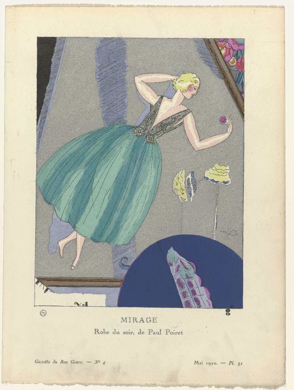 Gazette du Bon Ton, 1920 - nr 4, pl. 31: Mirage. / Suknia wieczorowa, autorstwa Paula Poireta. (tytuł na obiekcie) autorstwa Mario Simon