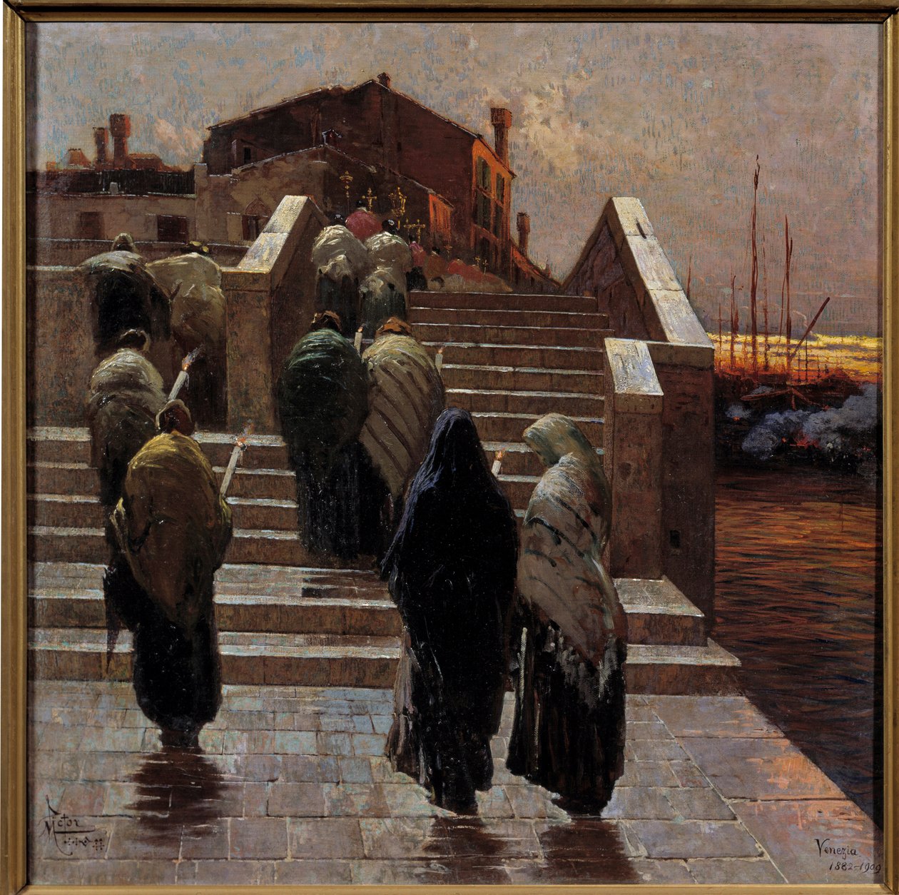 Czerwony wieczór, nadzieja na dobrą pogodę Procesja kobiet (żałoba?) Przekraczanie rzeki - Obraz Mario De Maria (Marius Pictor) (1853-1924) 1882 Słońce 0,7x0,69 m Paryż, Musee d
