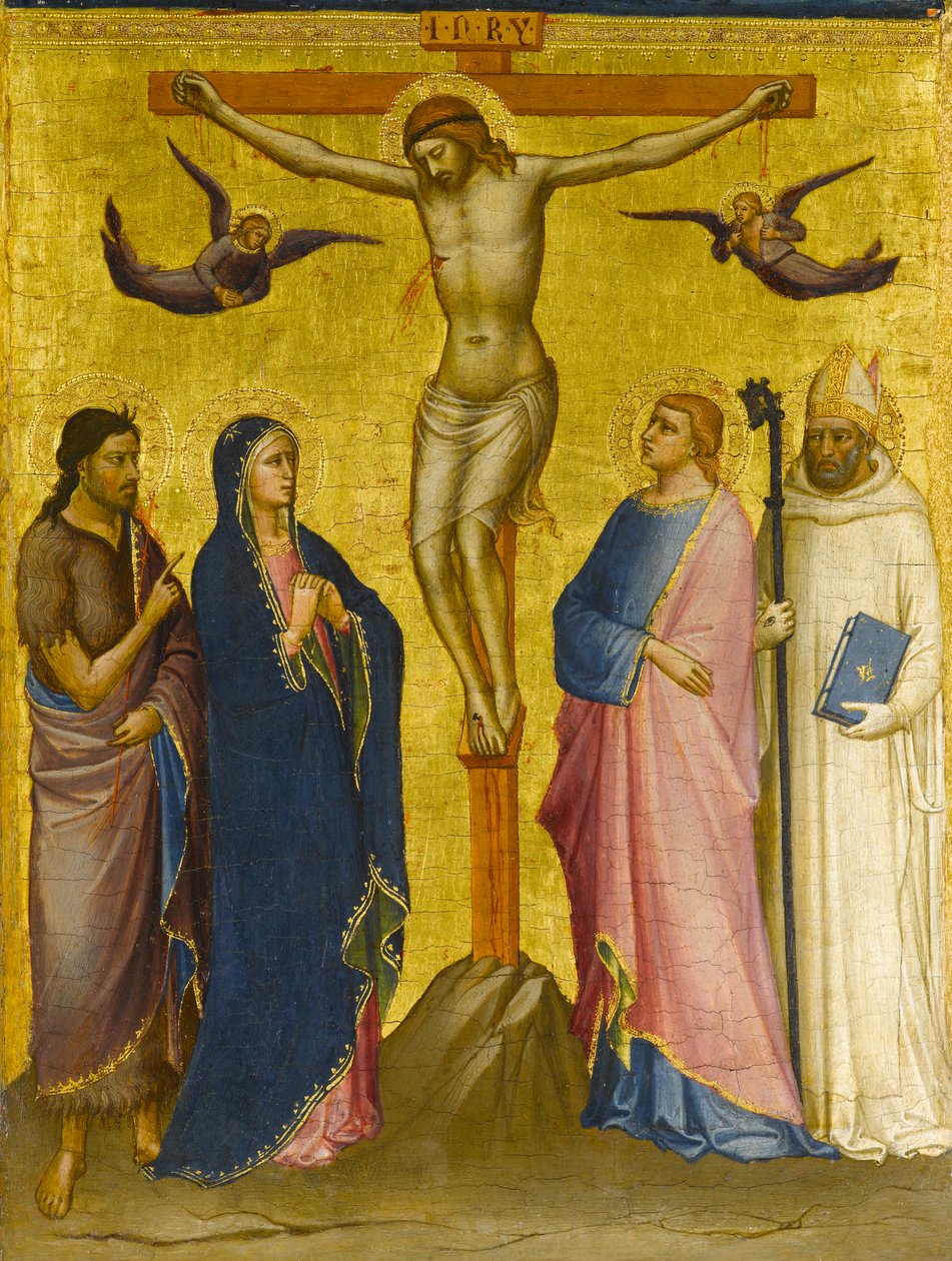 Ukrzyżowanie ze św. Janem Chrzcicielem, Dziewicą, św. Janem Ewangelistą i św. Kartuzem, ok. 1385-1390 (tempera i złoty płatek na desce) autorstwa Mariotto di attr.to Nardo