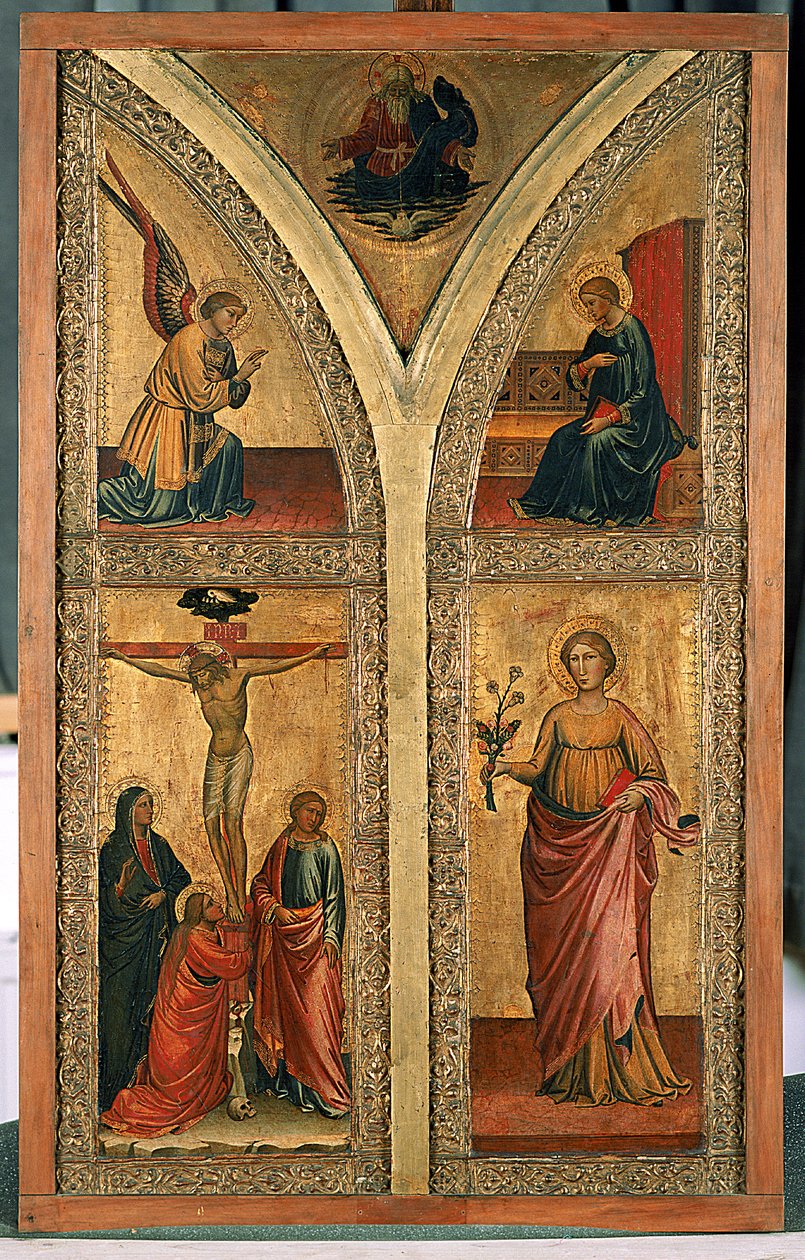 Skrzydło ołtarzowe z przedstawieniem Ukrzyżowania, św. Doroty i innych świętych, ok. 1420 (tempera na drewnie topoli) autorstwa Mariotto di Nardo
