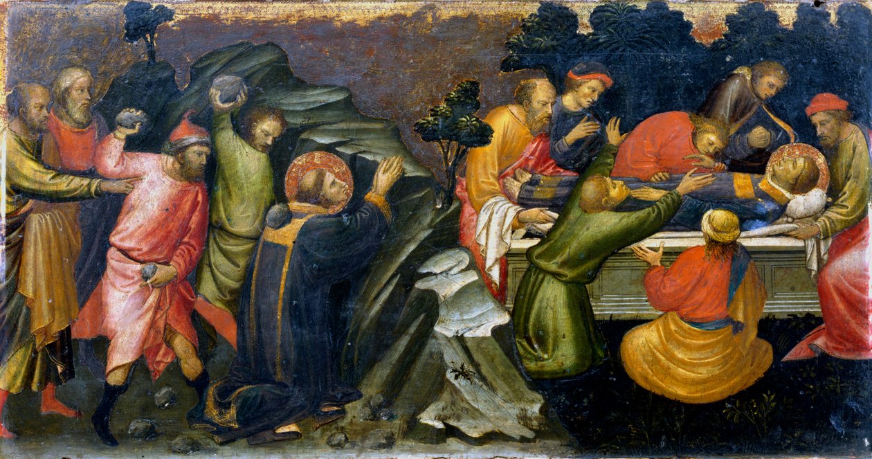 Ukamienowanie i pochówek św. Szczepana, pierwszego męczennika chrześcijańskiego, ok. 36 ok. 1394-1424 r. autorstwa Mariotto di Nardo