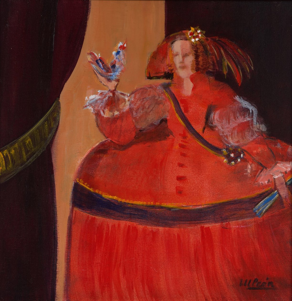 Menina w Czerwieni Z Małym Kogucikiem (olej i akryl na płótnie) autorstwa Marisa Leon