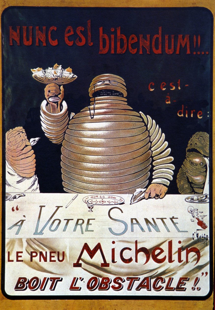 Plakat reklamowy opona Michelin: Nunc to bibendum, opona Michelin pije przeszkodę autorstwa Marius Rossillon