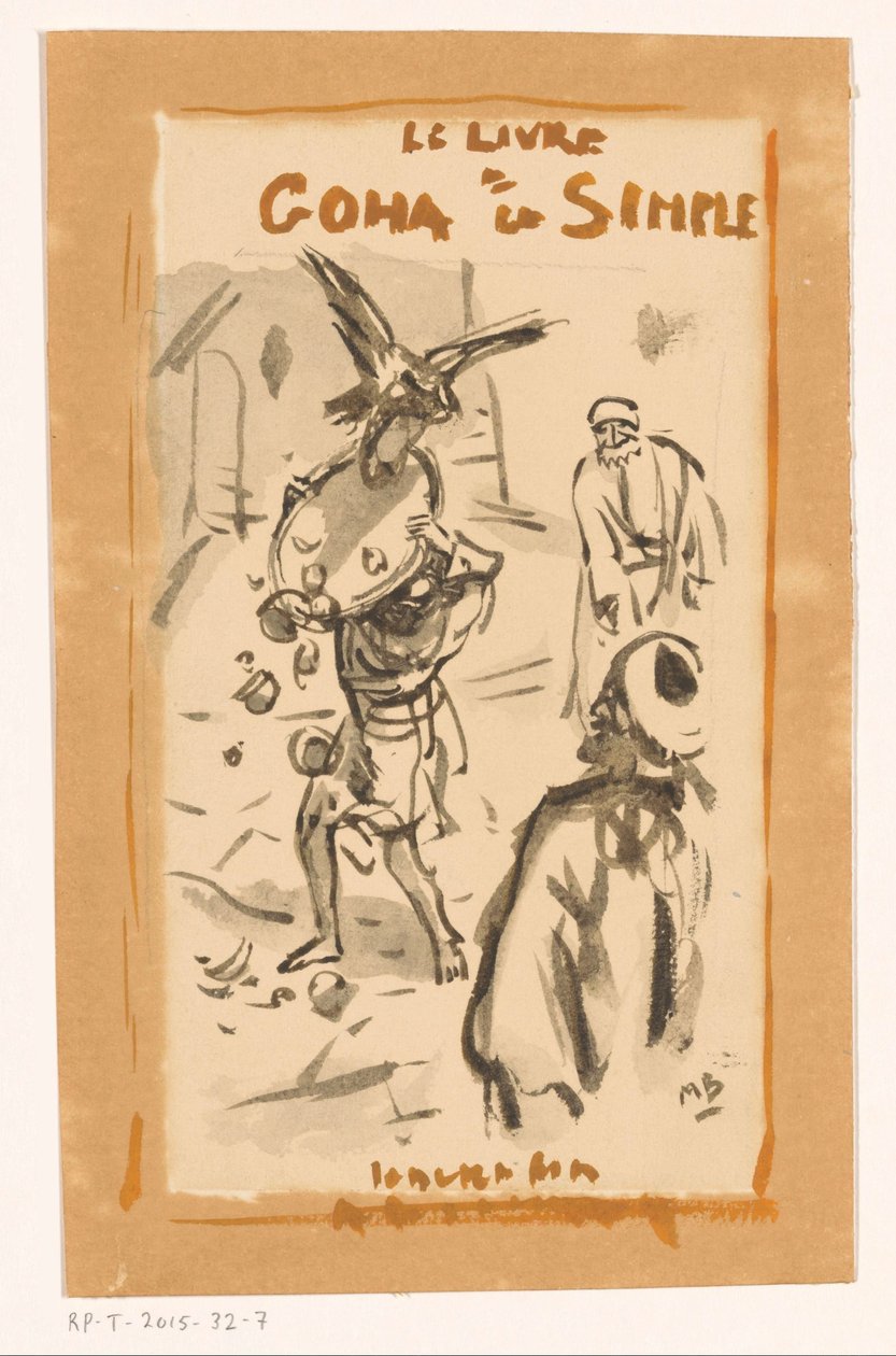 Mężczyzna z tacą zaatakowany przez drapieżnego ptaka Le livre Goha le Simple (tytuł na obiekcie) autorstwa Marius Bauer (signed by artist)
