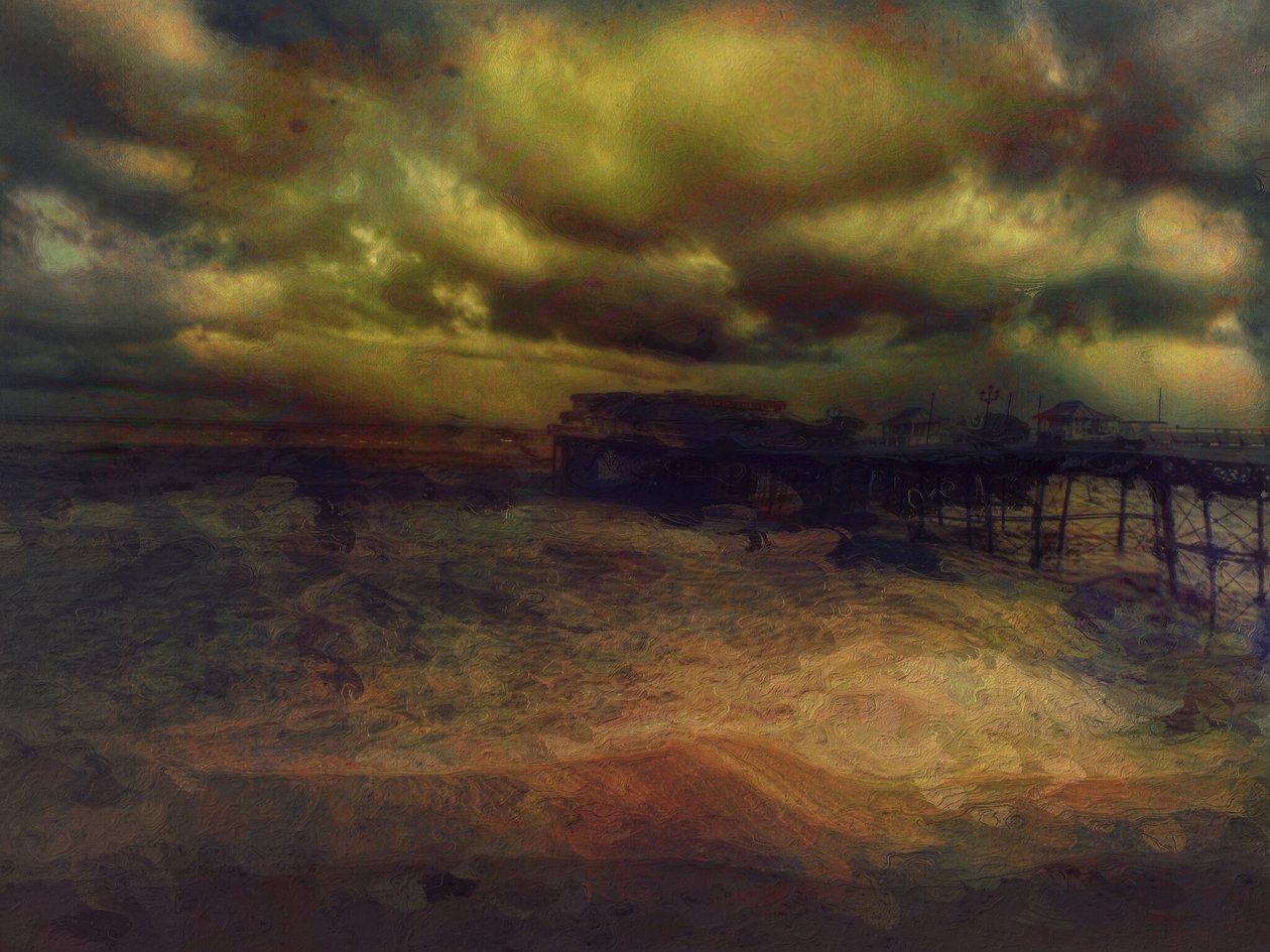 Burza w nocy, Cromer Pier, Norfolk (mieszane media) autorstwa Mark Gordon