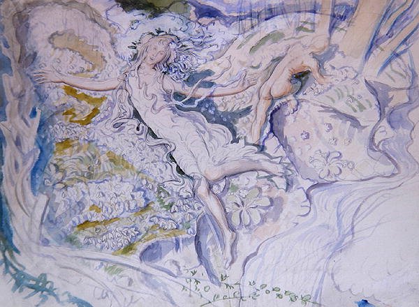 Wróżka unosząca się z nagą młodością w tle (akwarela na papierze) autorstwa Mark Lancelot Symons