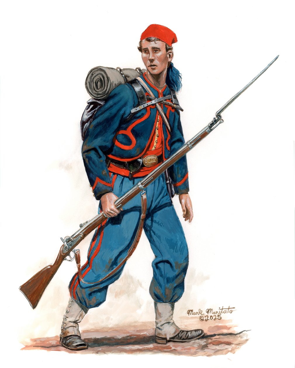 10th New York Infantry National Zouaves 4. mundur 1862, 2025 (akwarela i gwasz na brystolu) autorstwa Mark Maritato