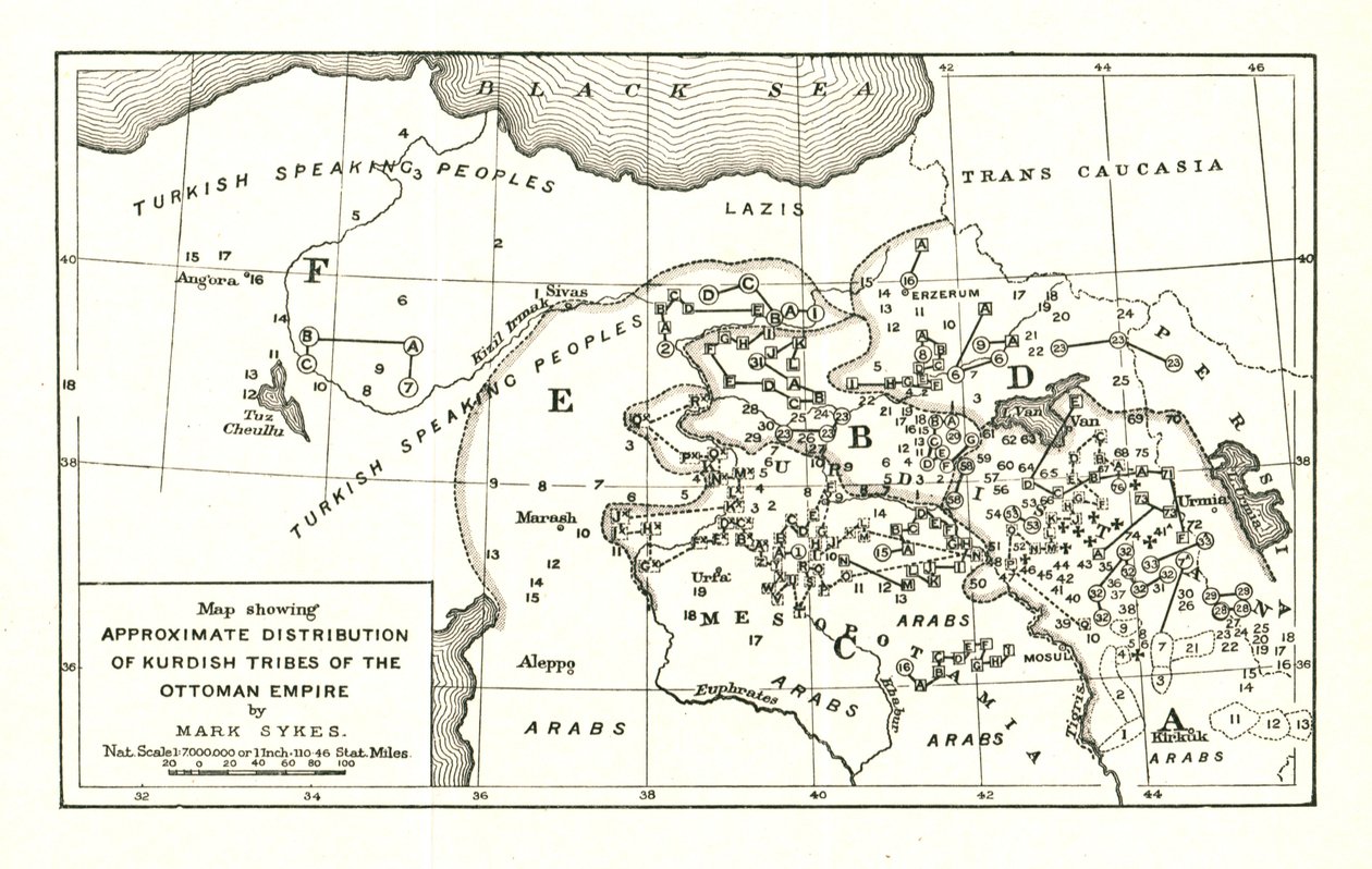 „Mapa przedstawiająca przybliżone rozmieszczenie plemion kurdyjskich w Imperium Osmańskim”, c1915. autorstwa Mark Sykes