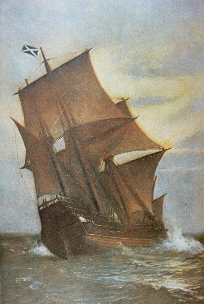 Mayflower niosący Ojców Pielgrzymów przez Atlantyk do Ameryki w 1620 roku (olej na płótnie) autorstwa Marshall Johnson