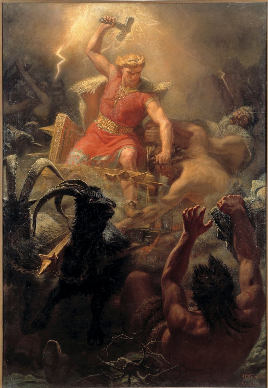 Le combat de Thor (Tor) avec les Geants - Walka Thora z gigantami - Skrzydło, Marten Eskil (1825-1896) - 1872 - Olej na płótnie - 484x333 - Muzeum Narodowe w Sztokholmie autorstwa Mårten Eskil Winge