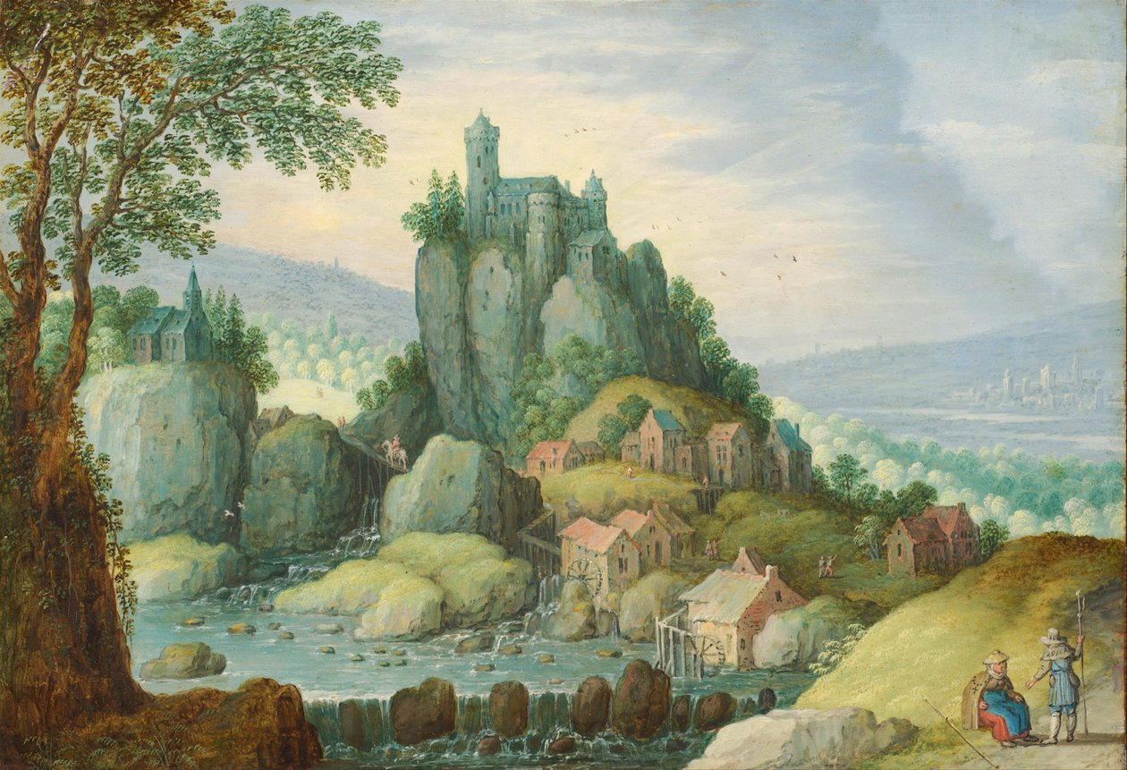 Panoramiczny krajobraz z rzeką, zamkiem na skalistym wzniesieniu i młynem wodnym poniżej autorstwa Marten Ryckaert