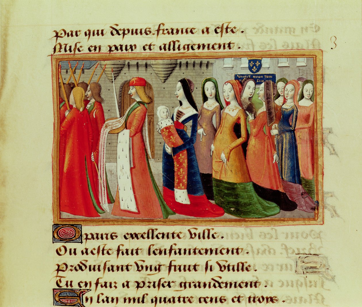 Prezentacja delfina (1403-61) przyszłego Karola VII Francji, miastu Paryżowi, z Wigilii Karola VII, c.1484 autorstwa Martial de Paris