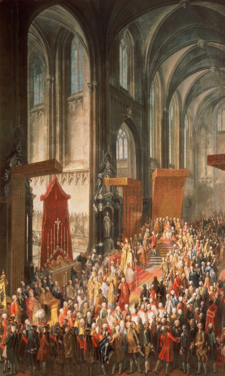 Inwestytura Józefa II (1741-90) po jego koronacji na cesarza Niemiec w katedrze we Frankfurcie, 1764 autorstwa Martin II Mytens or Meytens