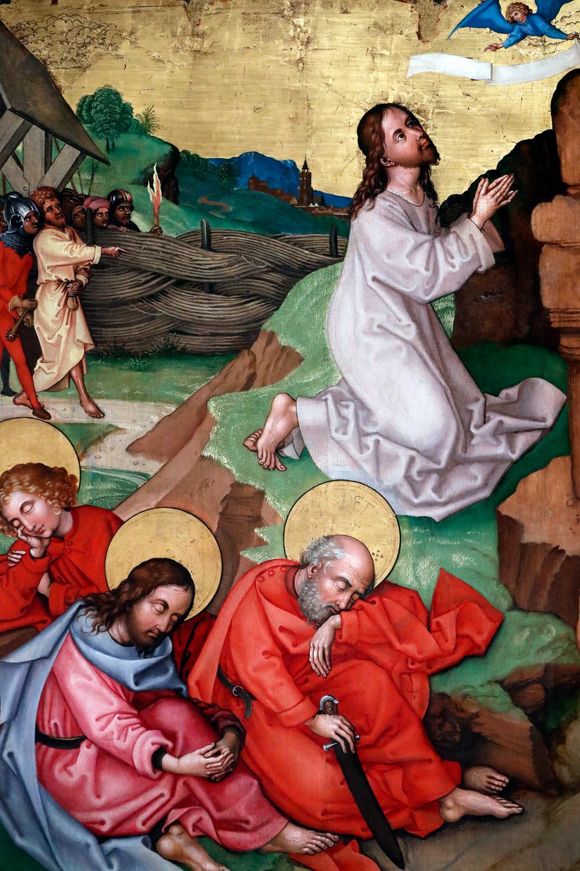 Jezus modli się w ogrodzie Getsemani po Ostatniej Wieczerzy, podczas gdy uczniowie śpią autorstwa Martin Schongauer