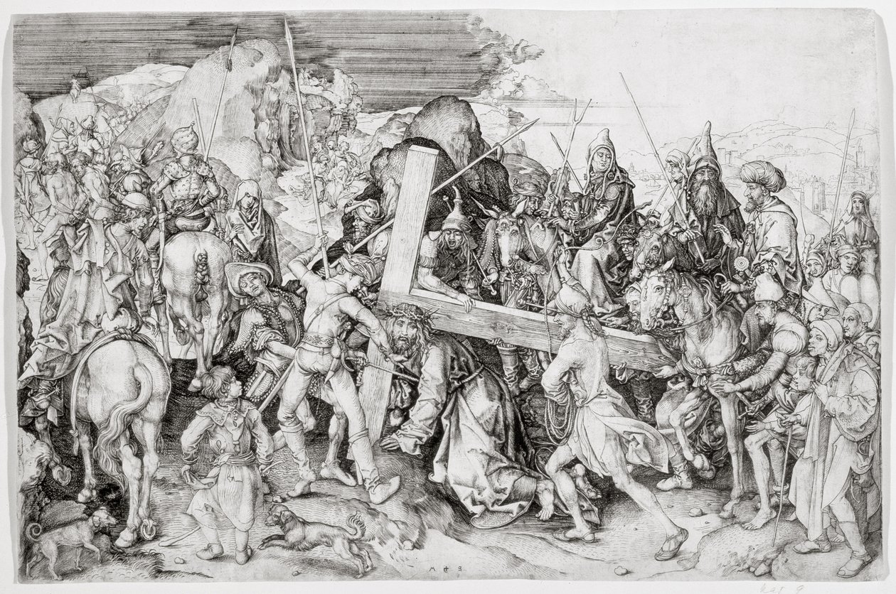 Wielkie Niesienie Krzyża, ok.1474 (rycina liniowa) autorstwa Martin Schongauer