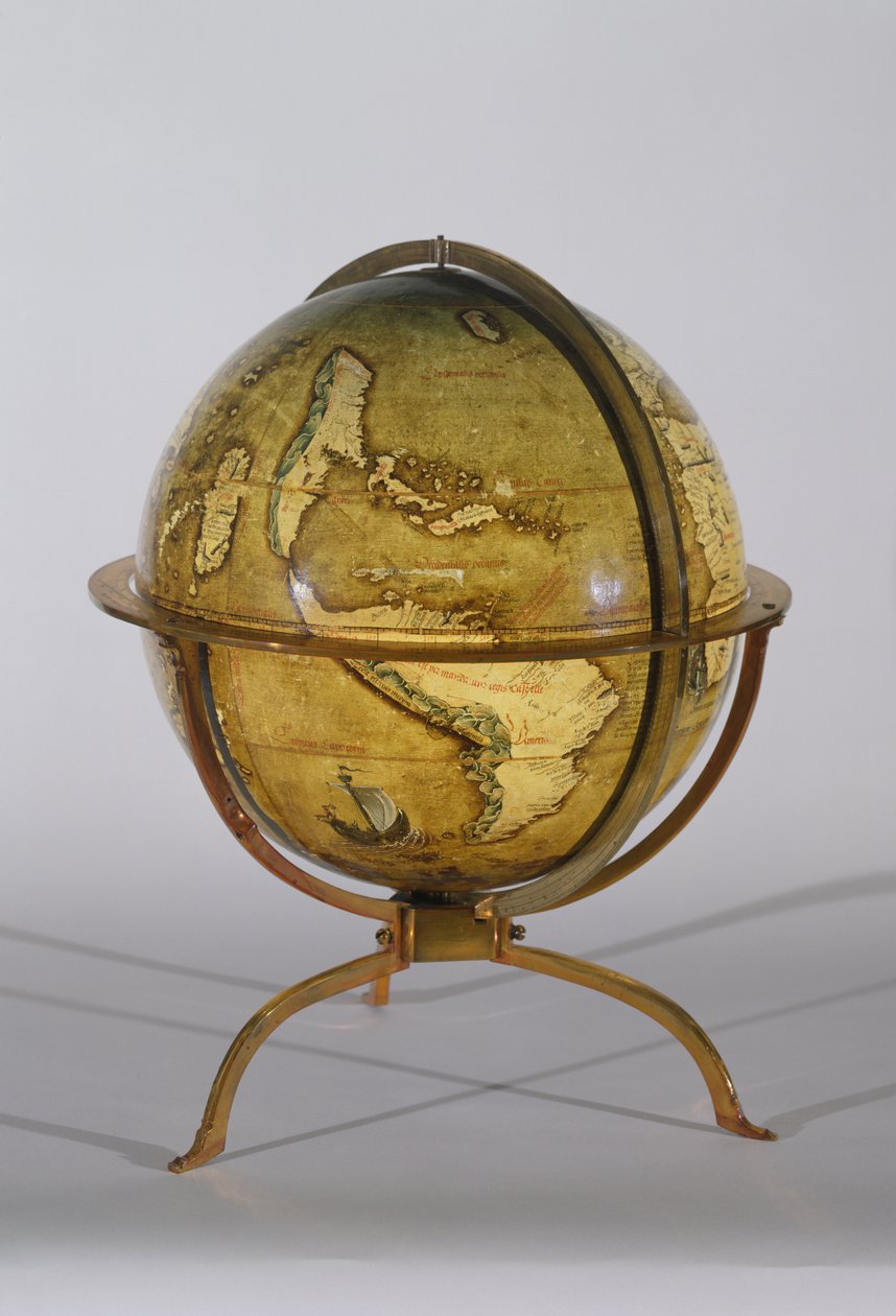 Globus ziemski, jeden z pary znanych jako globusy „Brixena”, ok. 1522 (pióro i atrament, toaleta i gwasz na drewnie) autorstwa Martin Waldsemuller