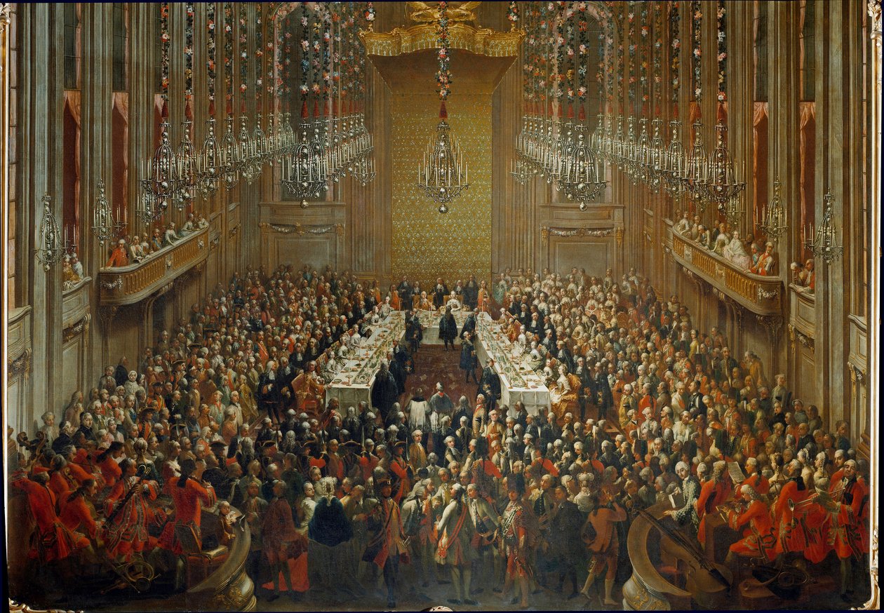 Bankiet z okazji ślubu cesarza Józefa II i Izabeli Parmeńskiej w dniu 06.10.1760. Z Mozartem stojącym w orkiestrze autorstwa Martin (and studio) Mytens or Meytens