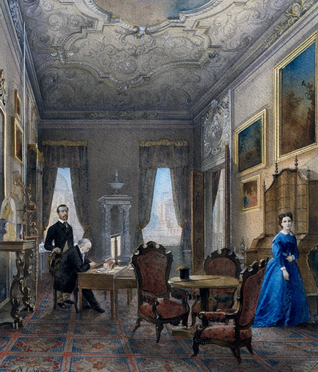 Weneckie wnętrze, akwarela autorstwa Dona Martina (ur. 1896), Włochy autorstwa Martin Don