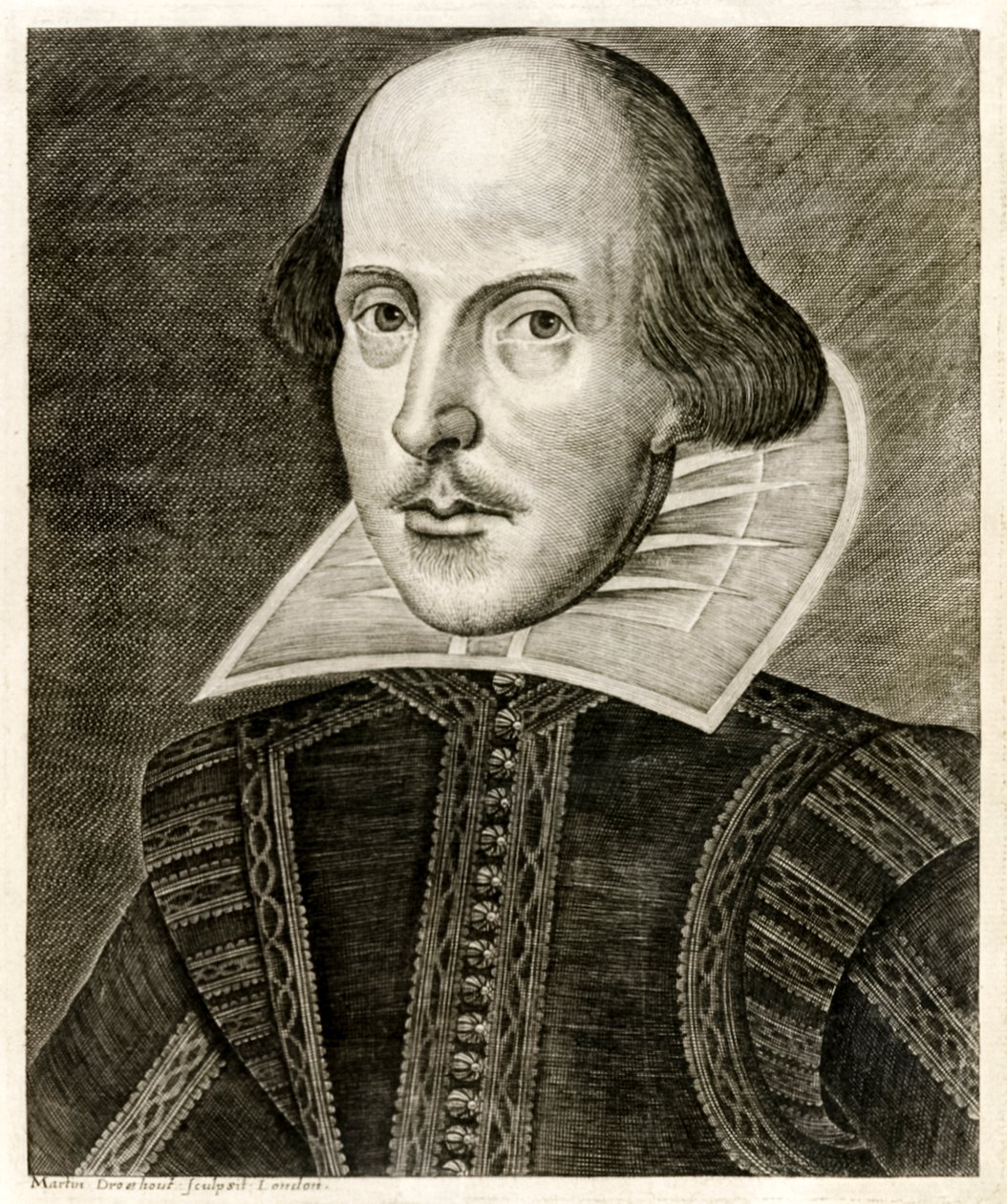 William Shakespeare ze strony tytułowej „Komediów, historii i tragedii pana Williama Szekspira” opublikowanej w 1623 r. (rycina) autorstwa Martin Droeshout