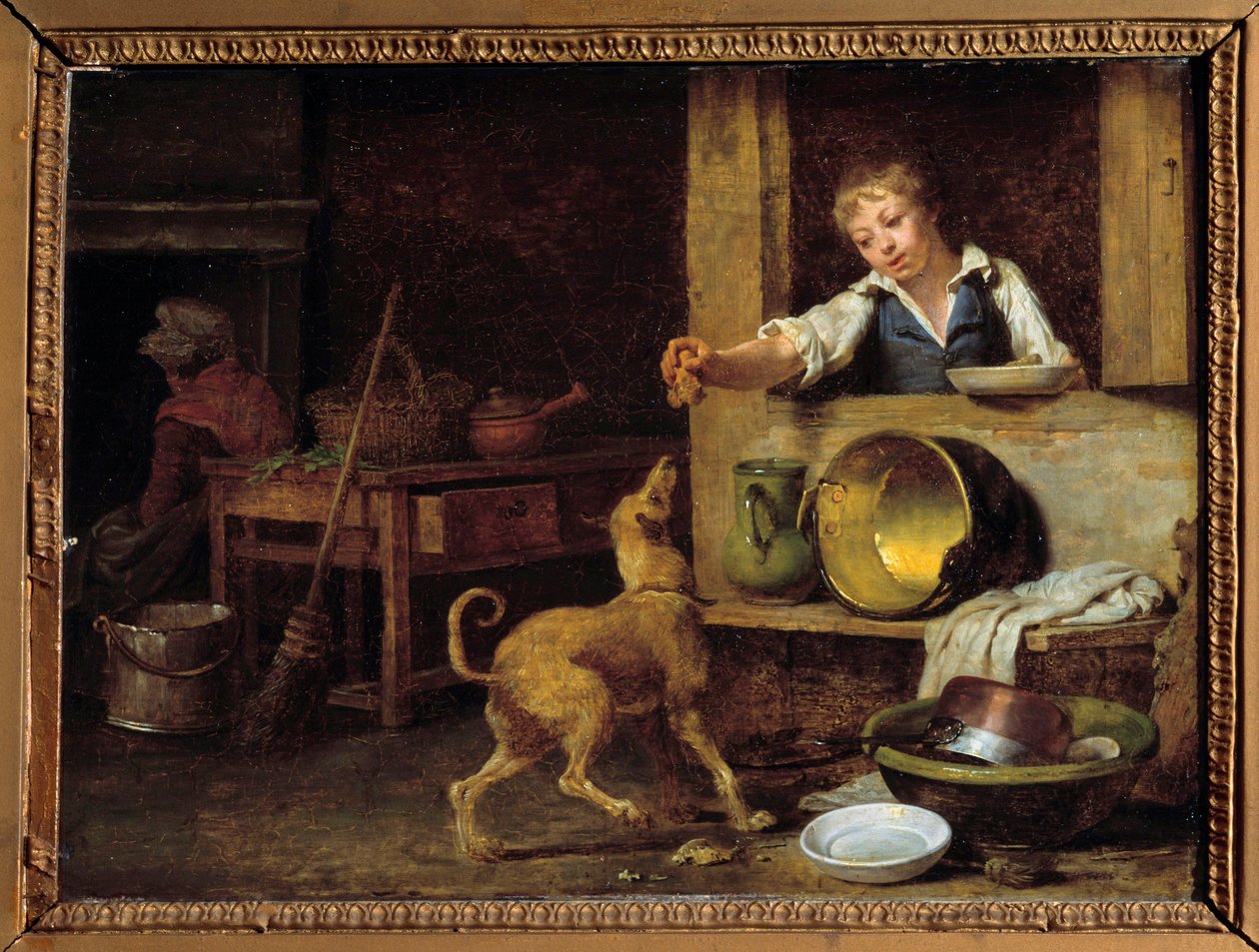 Wnętrze kuchni Młody służący rozdaje psu resztki. Obraz Martina Drollinga (1752-1817) XIX-wieczny Orlean, Muzeum Sztuk Pięknych autorstwa Martin Drölling