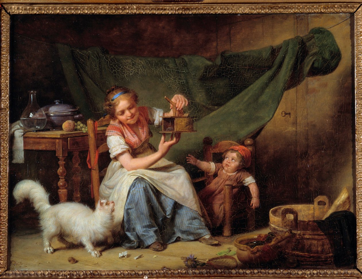 Kobieta i mysz Dziewczynka trzyma łapacza myszy przed kotem i dzieckiem. Obraz Martina Drollinga (1752-1817) 1798 Nd. 0,25x0,35 m Orlean. Muzeum Sztuk Pięknych autorstwa Martin Drölling