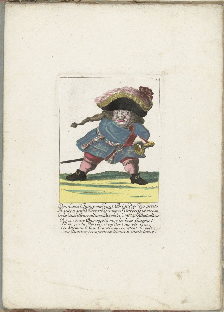 De Franse dwerg Don Luis Champ-merdant, ca. 1710 Don Luis Champ-merdant, brygadier małych mistrzów, wielki breteur Francji, na czele Gaskonów przeciwko niemieckim kłótnikom, rozbijając ich bataliony (tytuł na obiekcie) Il Callotto wskrzeszony autorstwa Martin Engelbrecht (attributed to)