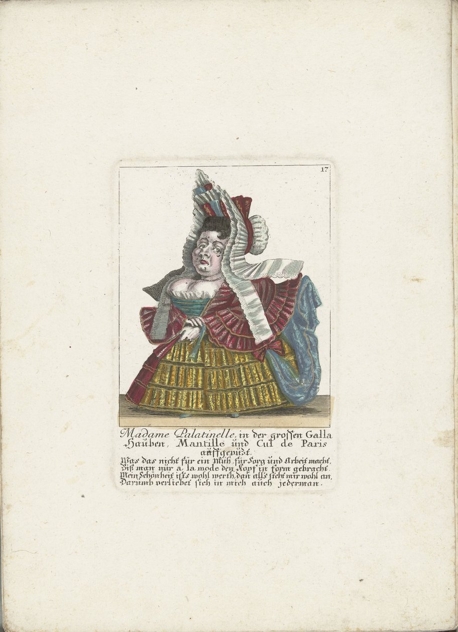De Franse dwerg Madame Palatinelle, ok. 1710 Madame Palatinelle, czepki, mantyla i zaułek Paryża ubrane w dużą Gallę (tytuł na obiekcie) Il Callotto resurcitato lub nowo umeblowana mała szafka (tytuł serii) autorstwa Martin Engelbrecht (attributed to)