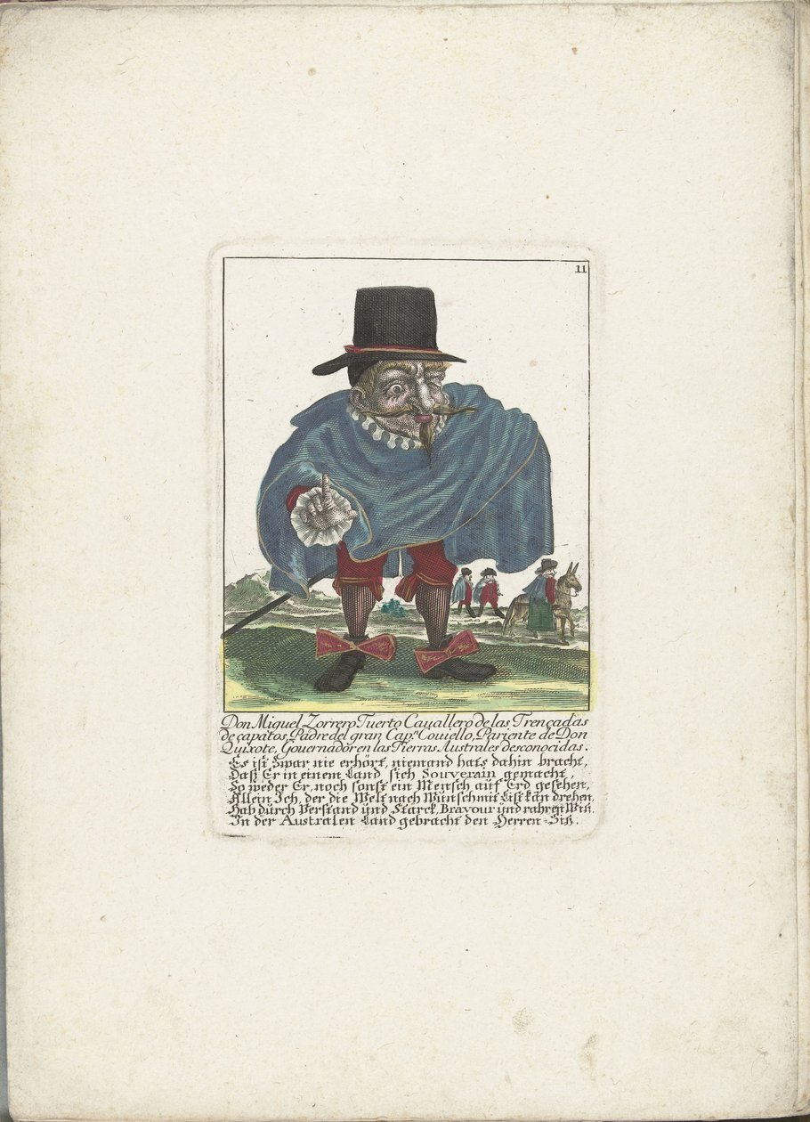 De Spaanse dwerg Don Miguel Zorrero Tuerto, ca. 1710 Don Miguel Zorrero Tuerto Cavallero de las Trencedas de capatos, Ojciec wielkiego Kapitana. Coviello, krewny Don Kichota, Governadoren w nieznanych Ziemiach Australijskich (tytuł na obiekcie) Il Callotta autorstwa Martin Engelbrecht (attributed to)