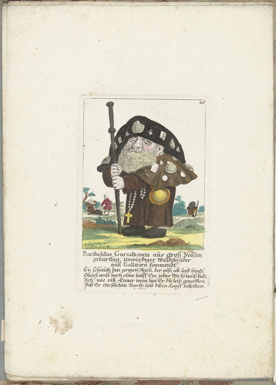 De dwerg Bartholdus Gursalkawiz as pelgrim uit Compostella, ok. 1710 Bartholdus Gursalkawiz, urodzony w Groß Pohlen, niegodny leśny brat z Galicji (tytuł na obiekcie) Il Callotto resurcitato lub nowo umeblowana mała szafka (seria autorstwa Martin Engelbrecht (attributed to)