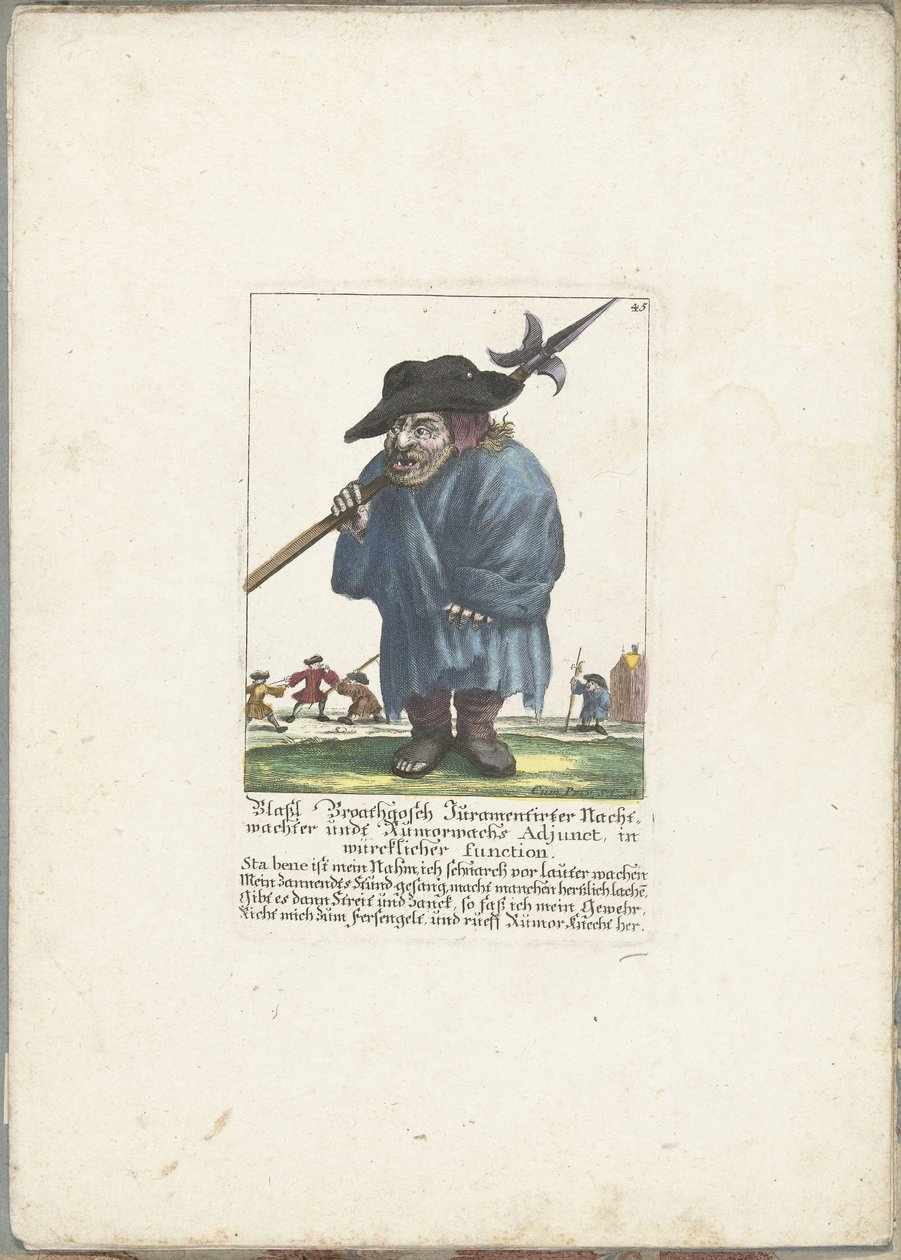 Dwerg Blassl Broatgosch, około 1710 Blassl Broatgosch Jurassic Night Watchman i Rumorwachs Adjunct, w rzeczywistej funkcji (tytuł na obiekcie) Il Callotto resurcitato lub nowo umeblowana mała szafka (tytuł serii) autorstwa Martin Engelbrecht (attributed to)