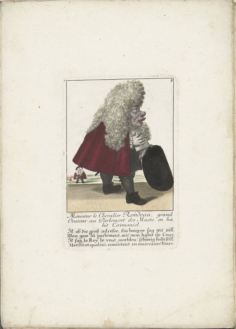 Od dwerg Chevalier Rondeau als een Parliamentslid, ca. 1710 Monsieur le Chevalier Rondeau, wielki mówca w Parlamencie Niemych, w stroju ceremonialnym (tytuł na obiekcie) Il Callotto resurcitato oder Neu eingerichtes Zwerchen Gabinet (tytuł serii) autorstwa Martin Engelbrecht (attributed to)