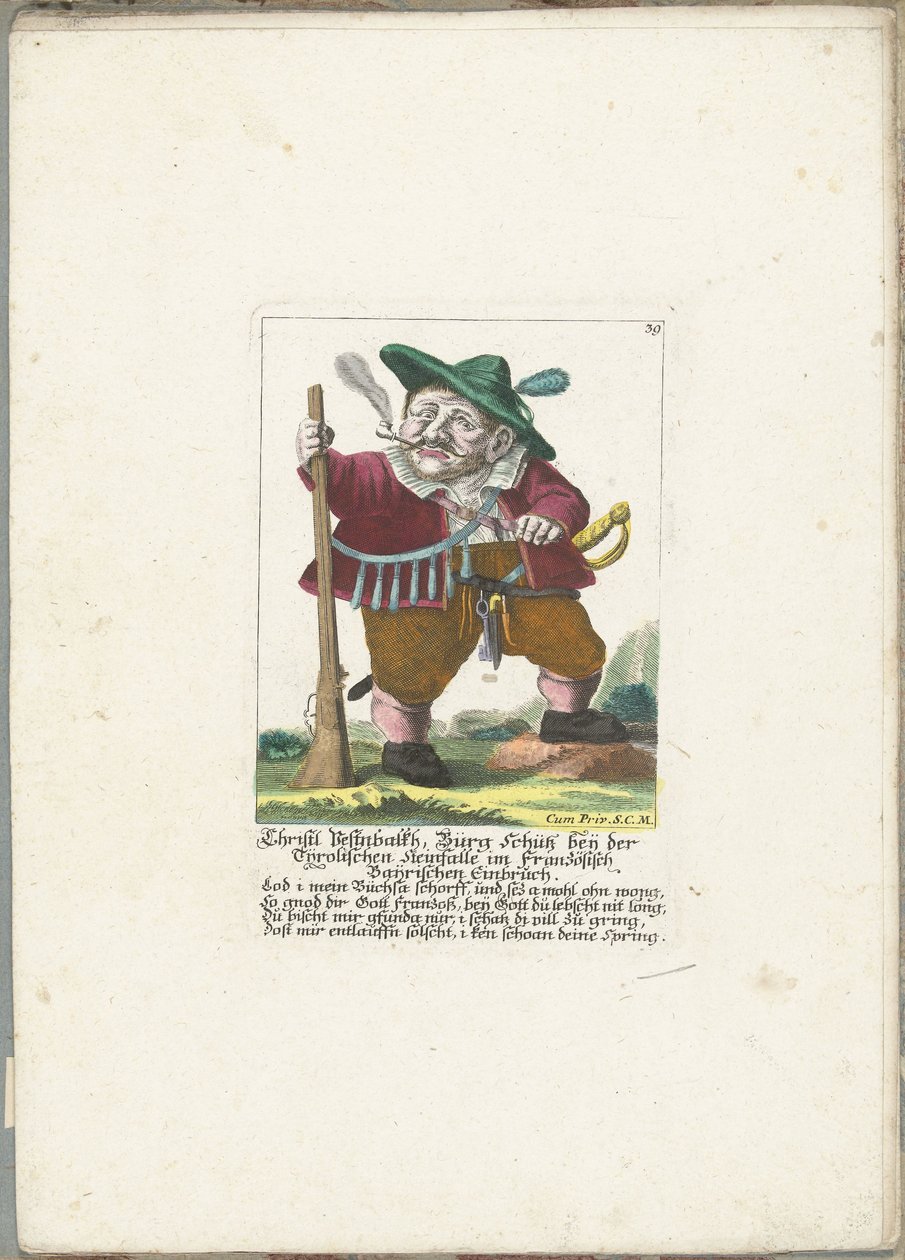 De dwerg Christl Vestnbalkh, ok. 1710 Christl Vestnbalkh, Bürg Schütz w pobliżu tyrolskiej pułapki na kamienie we francuskim włamaniu Bayrian (tytuł na obiekcie) Il Callotto resurcitato lub nowo umeblowana mała szafka (tytuł serii) autorstwa Martin Engelbrecht (attributed to)