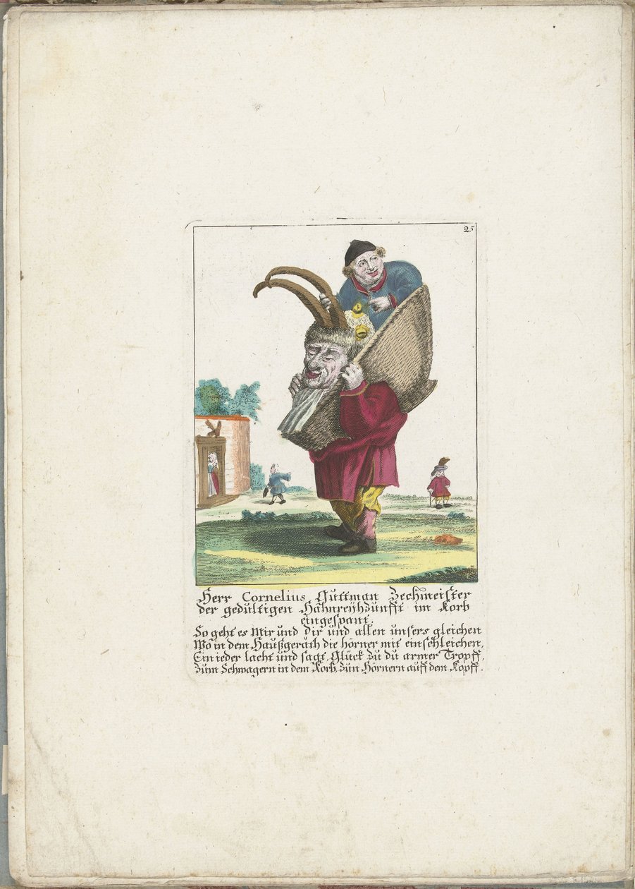De dwerg Cornelius Guttman jako hoorndrager, ok. 1710 Pan Cornelius Guttman pijak cierpliwego cechu rogaczy zaprzężony w kosz (tytuł na obiekcie) Il Callotto resurcitato lub nowo umeblowana mała szafka (tytuł serii) autorstwa Martin Engelbrecht (attributed to)
