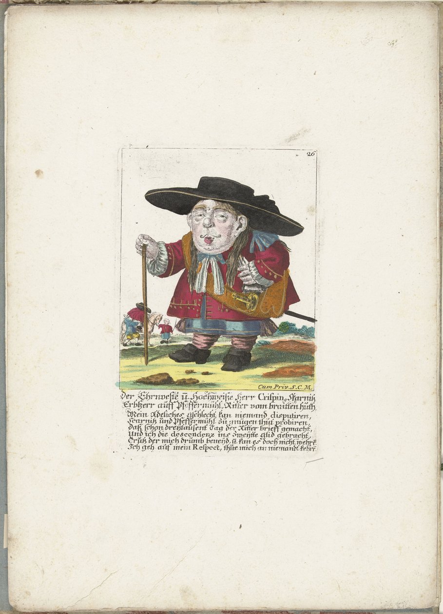 De dwerg Crispin Skarnitz, ok. 1710 Herr Crispin Ehrnveste i Hochweiße, dziedziczny lord Skarnitz auff Pfeffermühl, rycerz Braitten huth (tytuł na obiekcie) Il Callotto resurcitato lub nowo umeblowana mała szafka (tytuł serii) autorstwa Martin Engelbrecht (attributed to)