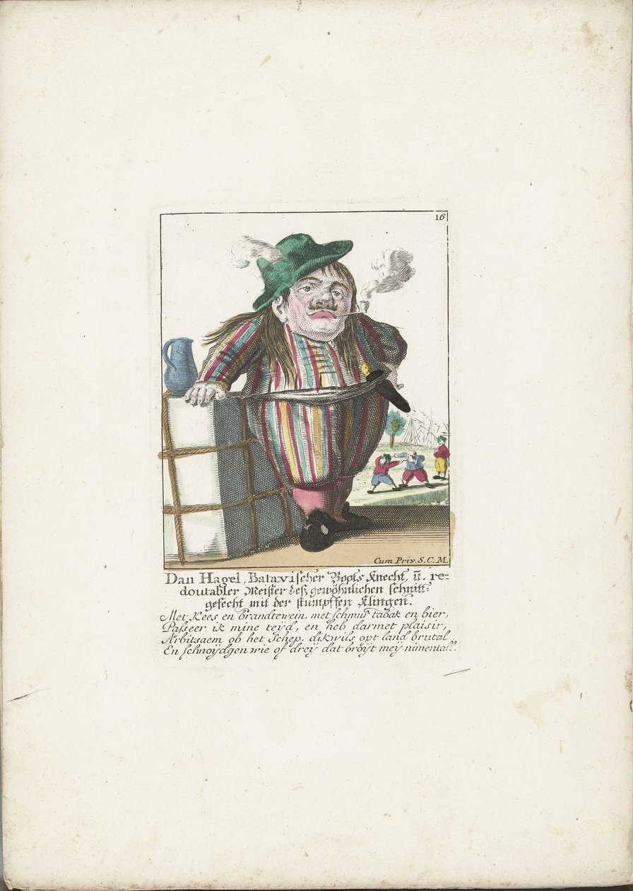 Dwerg Dan Hagel jako holenderski żeglarz, około 1710 Dan Hagel, batawski wioślarz i podwojony mistrz zwykłej bitwy siejącej tępym ostrzem (tytuł na obiekcie) Il Callotto resurcitato lub Nowo Umeblowana Kabina Krasnoludów autorstwa Martin Engelbrecht (attributed to)