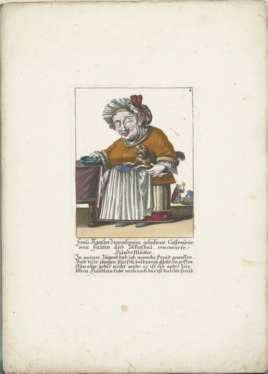 De dwerg Frau Agatha Zipperlingin met hondje, ok. 1710 Pani Agatha Zipperlingin z domu Castaunin von Falten und Zeckerthal, słynna matka psa (tytuł na obiekcie) Il Callotto resurcitato lub nowo umeblowana mała szafka (tytuł serii) autorstwa Martin Engelbrecht (attributed to)
