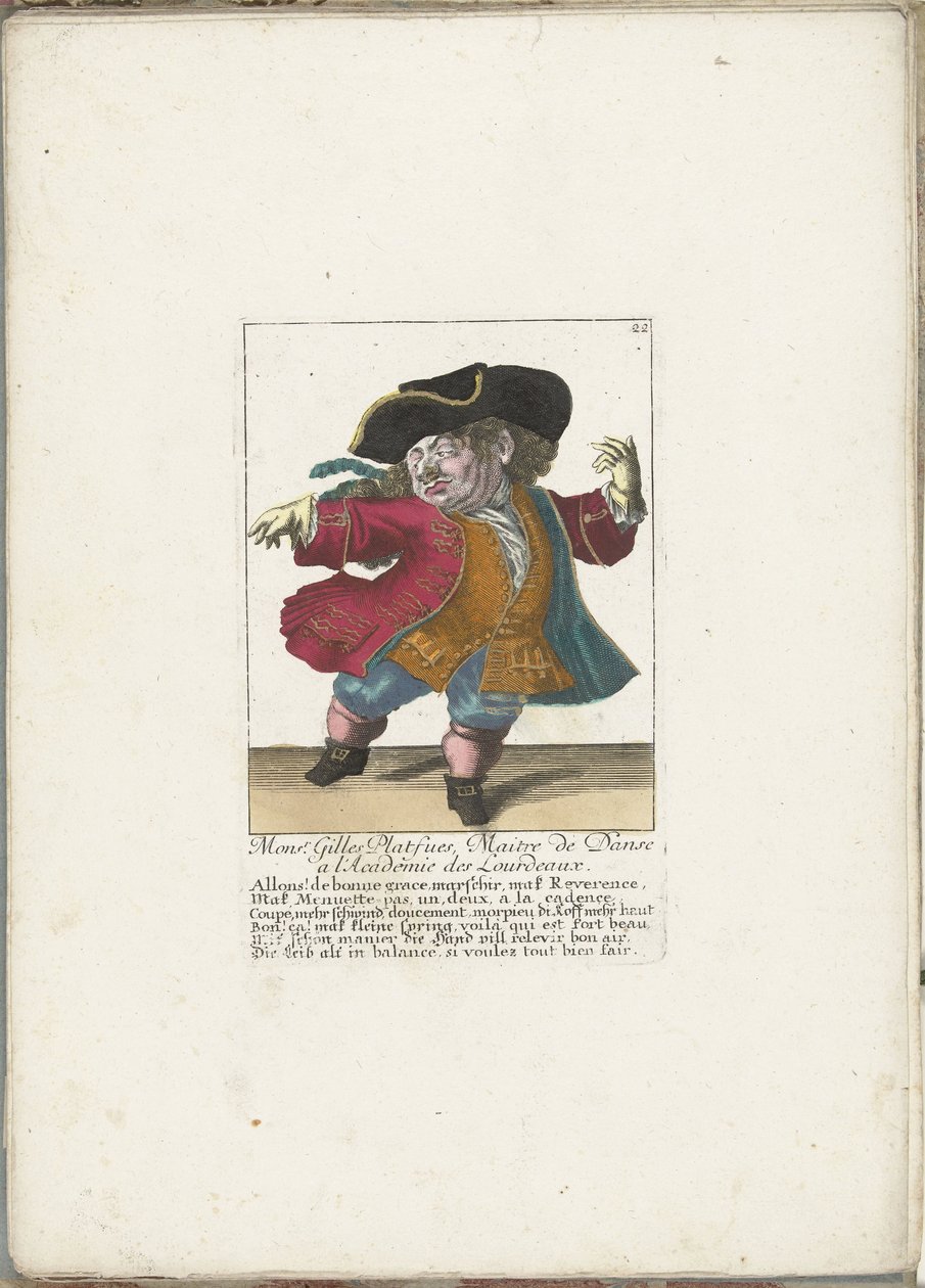 Krasnolud Gilles Platfues jako francuski mistrz tańca, ca. 1710 Mgr. Gilles Platfues, mistrz tańca w Academie des Lourdeaux (tytuł na obiekcie) Il Callotto resurcitato lub nowo mianowany gabinet Zwerchen (tytuł serii) autorstwa Martin Engelbrecht (attributed to)