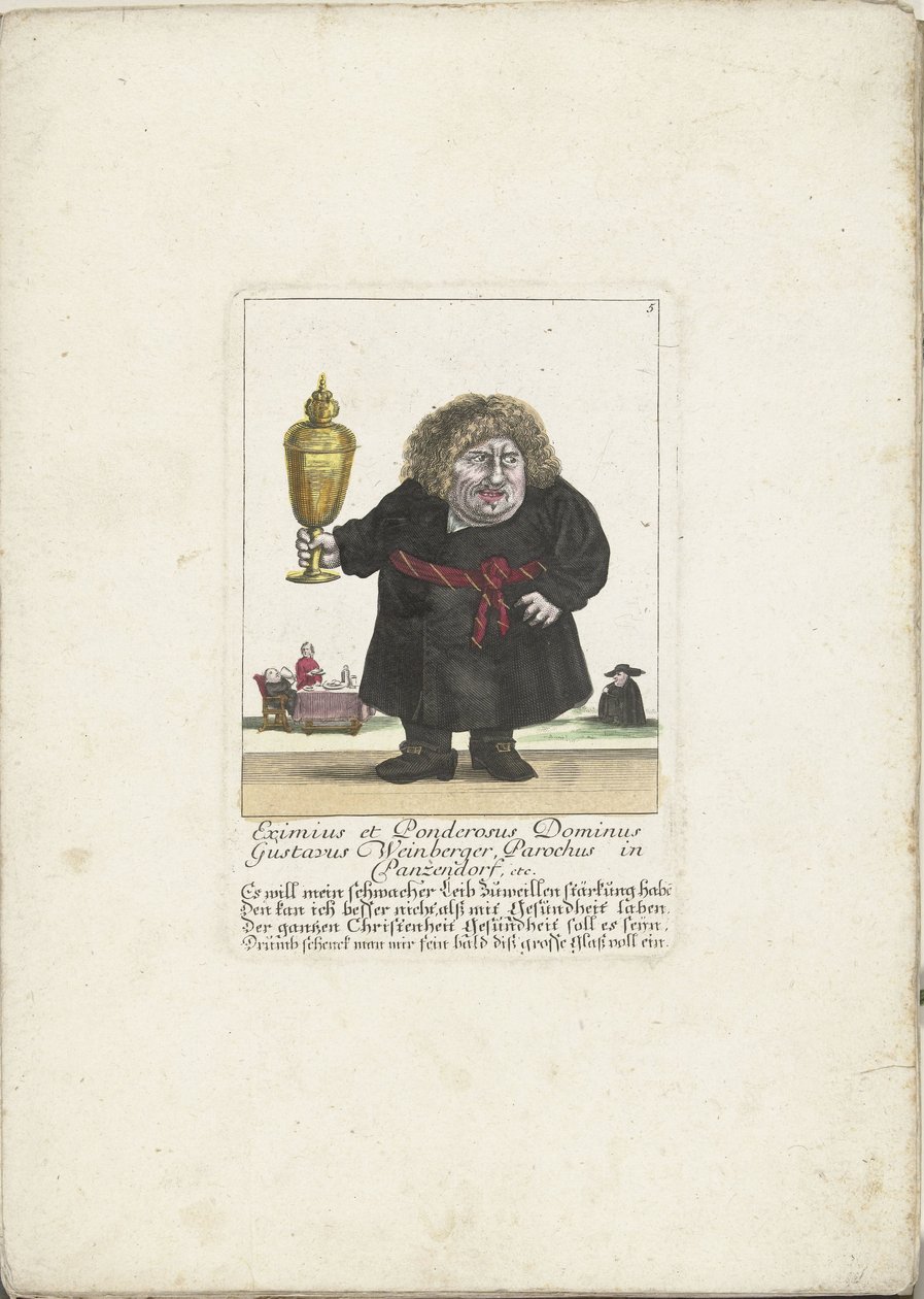Krasnolud Gustavus Weinberger jako duchowny z kielichem, ok. 1710 Eximius et Ponderosus Dominus Gustavus Weinberger Parafia w Panzendorf itp. (tytuł na obiekcie) Il Callotto resurcitato oder Neu eingerichts Zwerchen Gabinet (tytuł serii) autorstwa Martin Engelbrecht (attributed to)