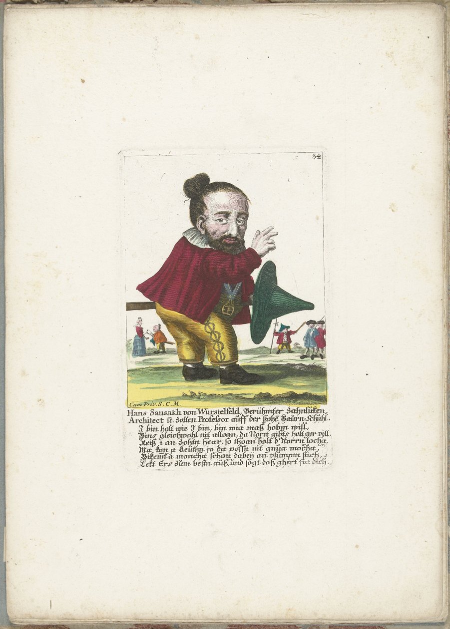 De dwerg Hans Sausakh von Wurstelfeld, ok. 1710 Hans Sausakh von Wurstelfeld, słynny architekt włazów zębatych i profesor kosmków na wysokim bucie Baurn (tytuł na obiekcie) Il Callotto resurcitato lub nowo umeblowana mała szafka (tytuł serii) autorstwa Martin Engelbrecht (attributed to)
