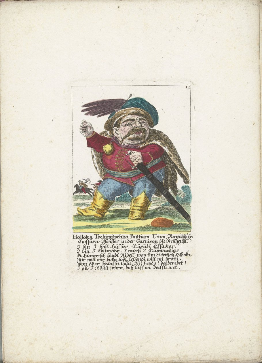 De dwerg Holloka Chimichko Buttiam uran as huzaar, ok. 1710 Holloka Tschimitschko Buttiam Uran, pułkownik Ragoßischer Hussarn w garnizonie Neuheussl (tytuł na obiekcie) Il Callotto resurcitato lub nowo umeblowana mała szafka (tytuł serii) autorstwa Martin Engelbrecht (attributed to)