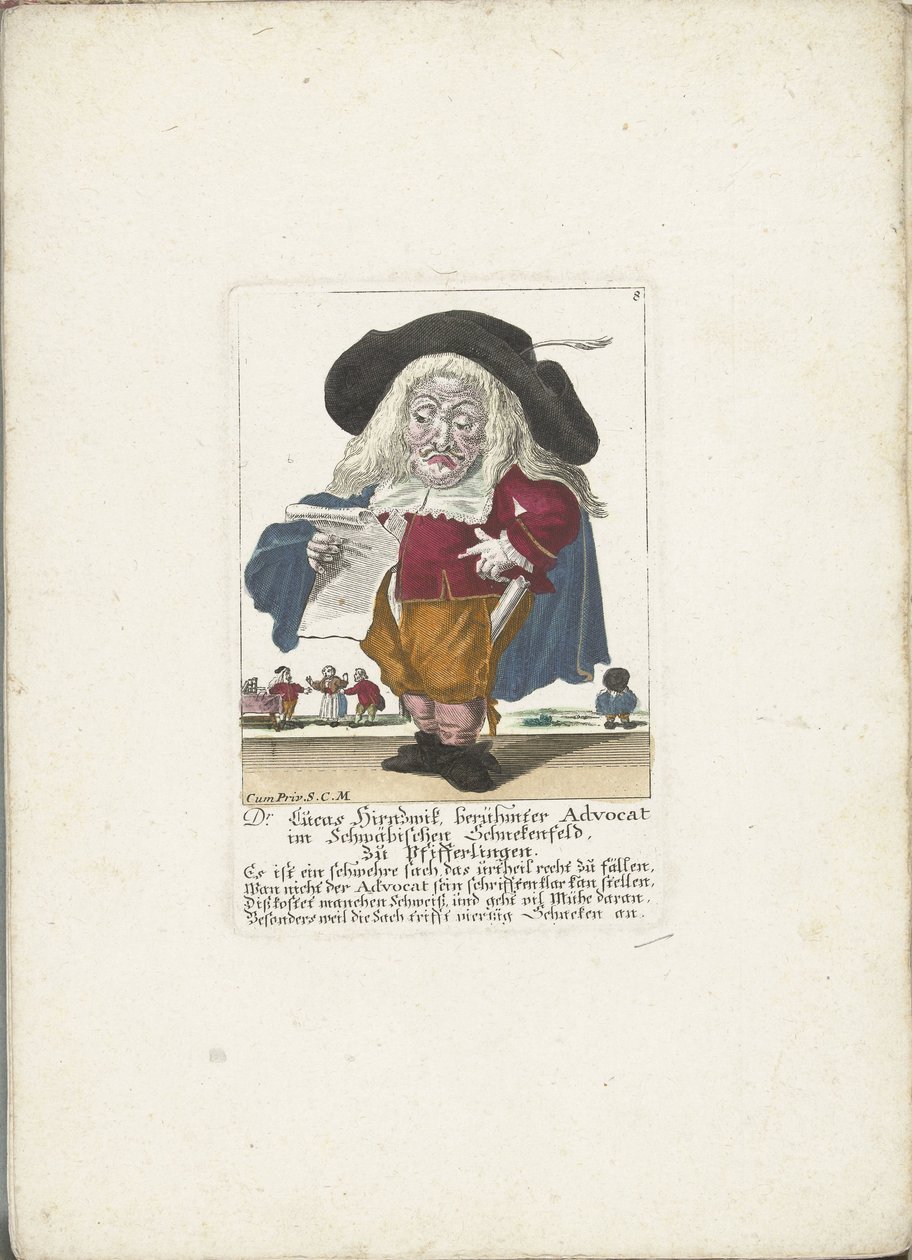 De dwerg Lucas Hirnzwik as een advocaat, ok. 1710 dr Lucas Hirnzwik, słynny adwokat w Szwabii Schnekenfeld, o kurkach (tytuł na obiekcie) Il Callotto resurcitato lub nowo umeblowana mała szafka (tytuł serii) autorstwa Martin Engelbrecht (attributed to)