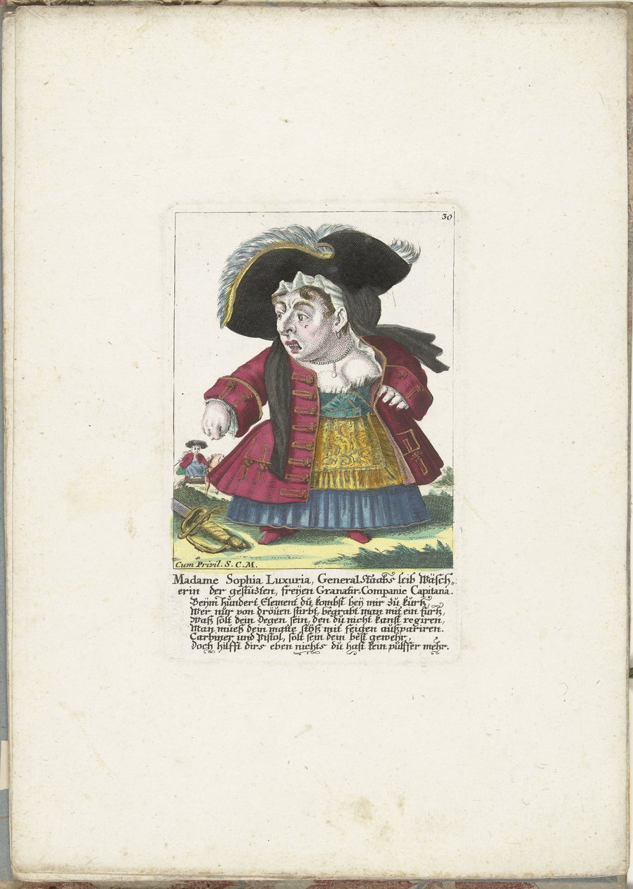 De dwerg Madame Sophia Luxuria, ok. 1710 Madame Sophia Luxuria, praczka ciała generała Staaba z przyciętej, bezpłatnej Granatir-Companie Capitana (tytuł na obiekcie) Il Callotto resurcitato lub nowo umeblowana mała szafka (tytuł serii) autorstwa Martin Engelbrecht (attributed to)