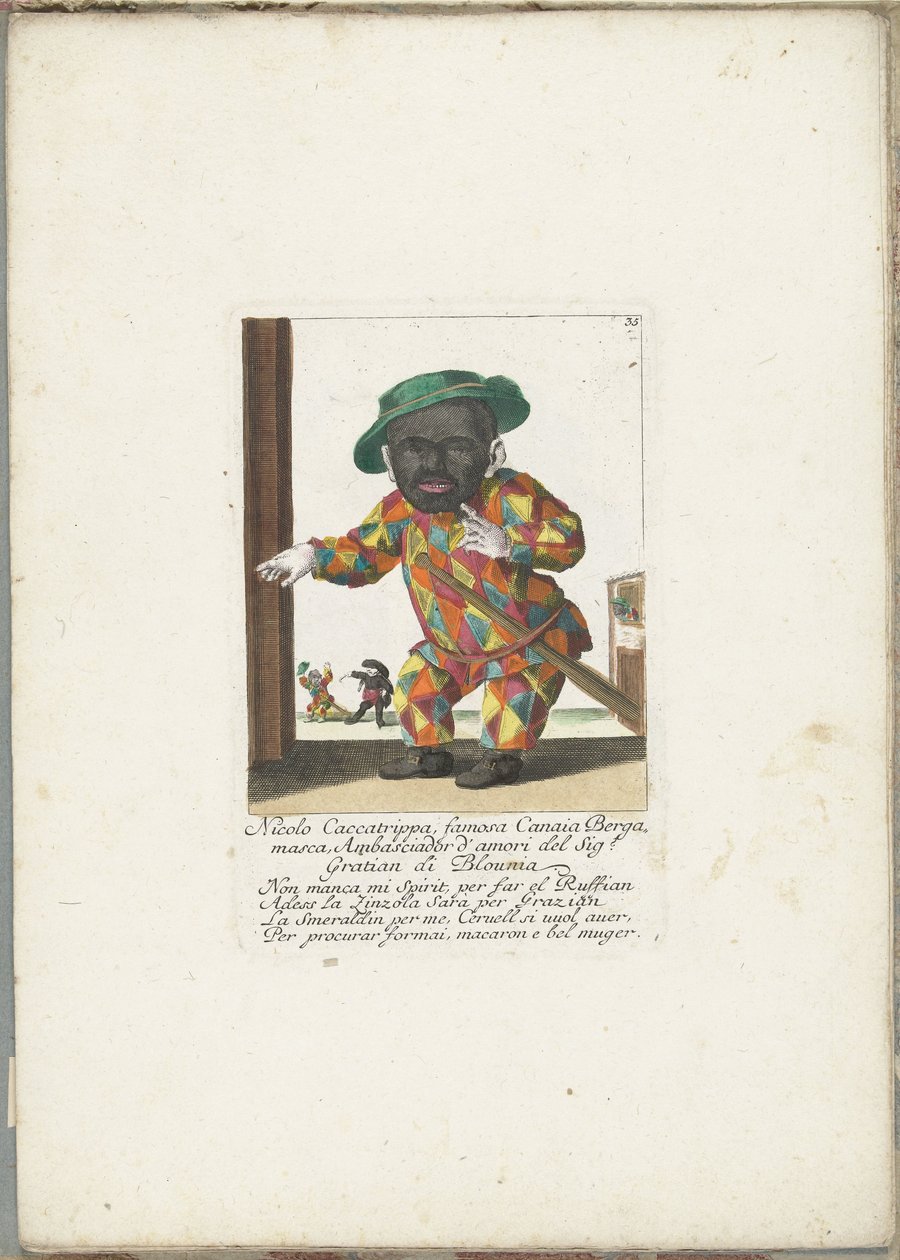 De dwerg Nicolo Caccatrippa als harlekijn, ca. 1710 Nicolo Caccatrippa, słynna Canaia Bergamasca, Ambasciador d