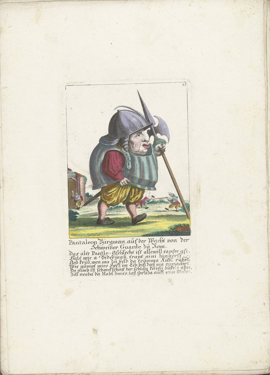 Dwerg Pantaleon Bürgman van de Zwitserse Garde te Rome, ok. 1710 Pantaleon Bürgman, na warcie z Gwardii Szwajcarskiej w Rzymie (tytuł na obiekcie) Il Callotto resurcitato lub nowo umeblowana mała szafka (tytuł serii) autorstwa Martin Engelbrecht (attributed to)