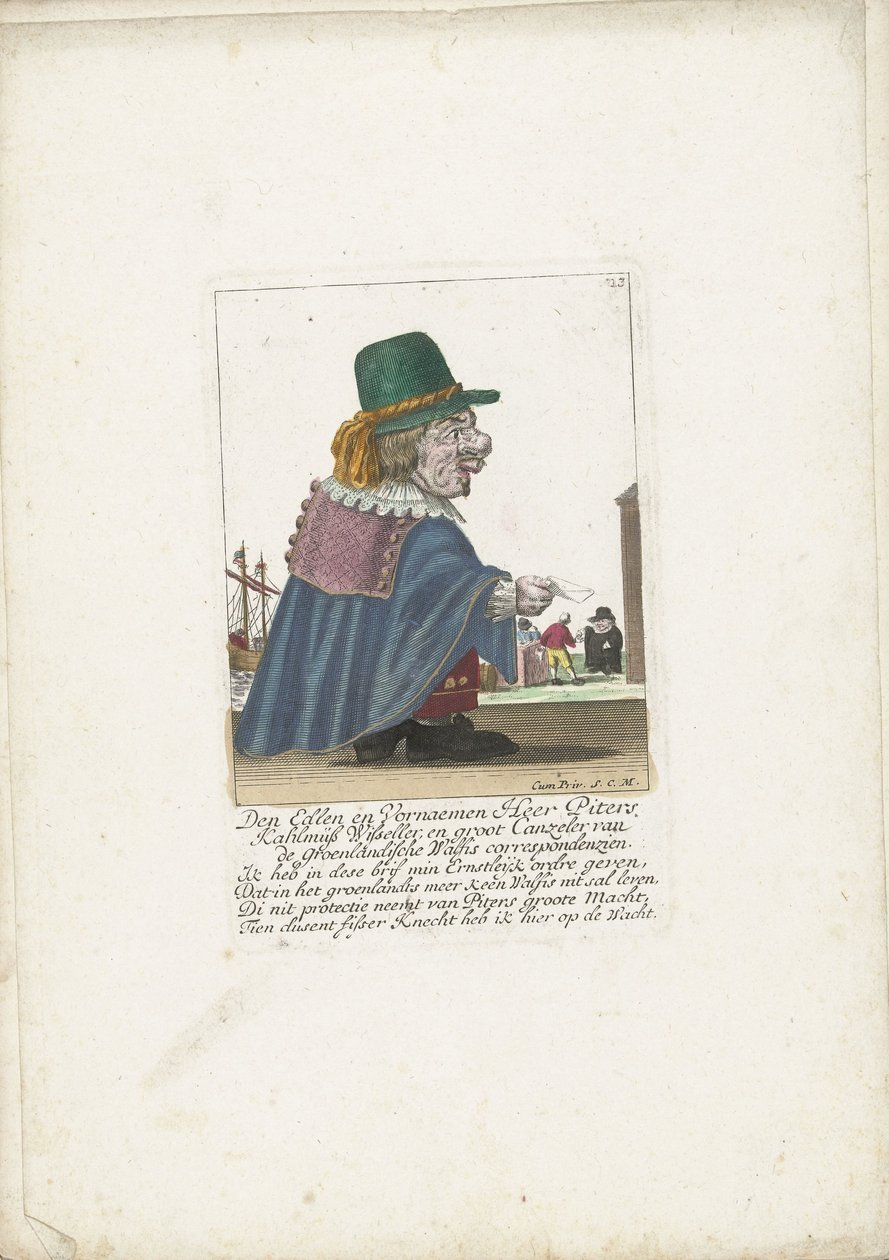 Krasnolud Piters Kahlmüß Wisseller jako wielorybnik, ok. 1710 Den Edlen i Vornaemen Heer Piters Kahlmüß Wisseller i Groot Canzeler z korespondencji z Greenlandische Walfis (tytuł na obiekcie) Il Callotto resurcitato oder Neu eingerichts Zwerchen C autorstwa Martin Engelbrecht (attributed to)