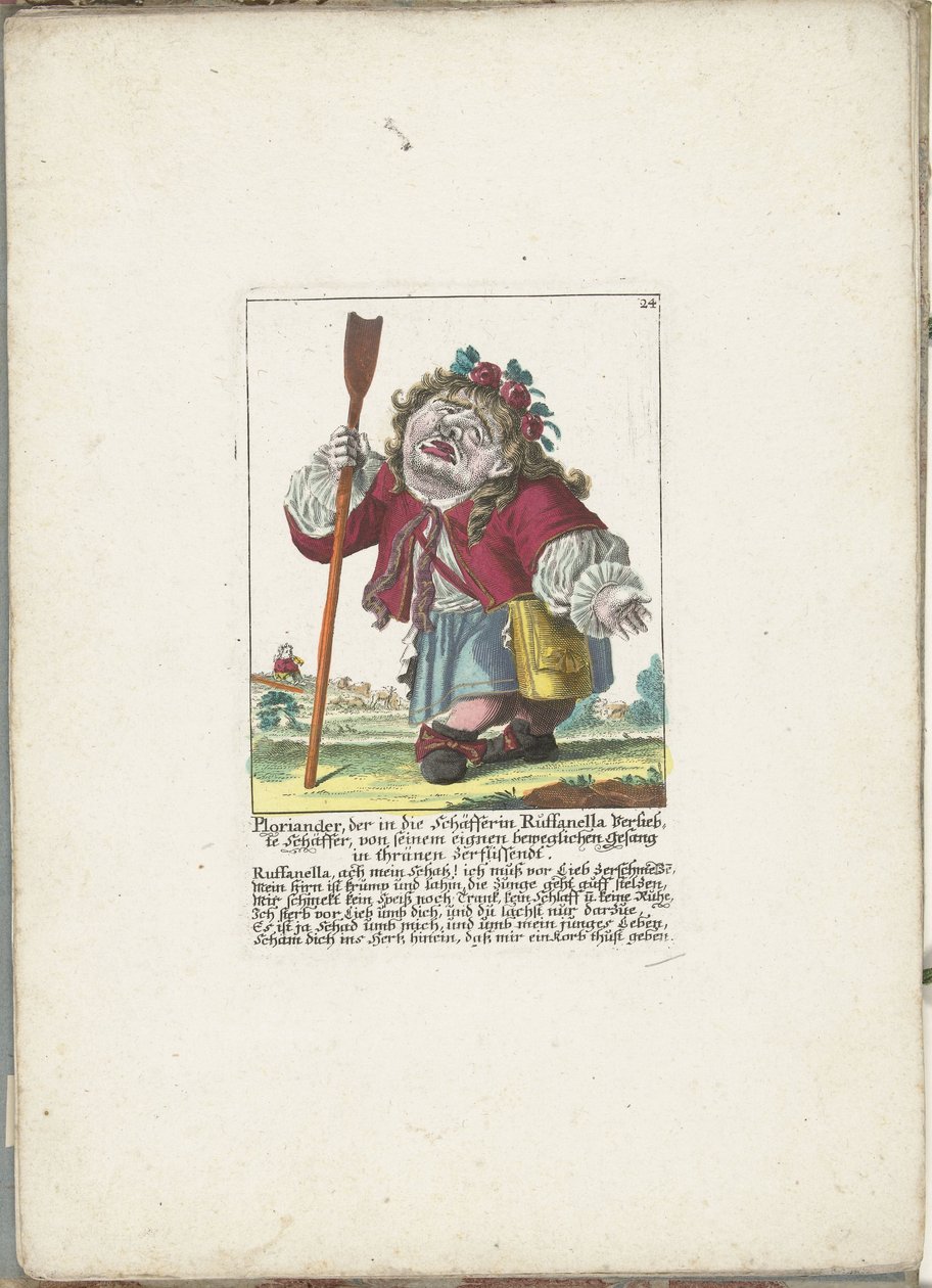 De dwerg Ploriander jako pasterz, ok. 1710 Ploriander, pasterz zakochany w pasterce Ruffanelli, wybucha płaczem przy własnej poruszającej piosence (tytuł na obiekcie) Il Callotto resurcitato lub nowo umeblowana mała szafka (seria autorstwa Martin Engelbrecht (attributed to)
