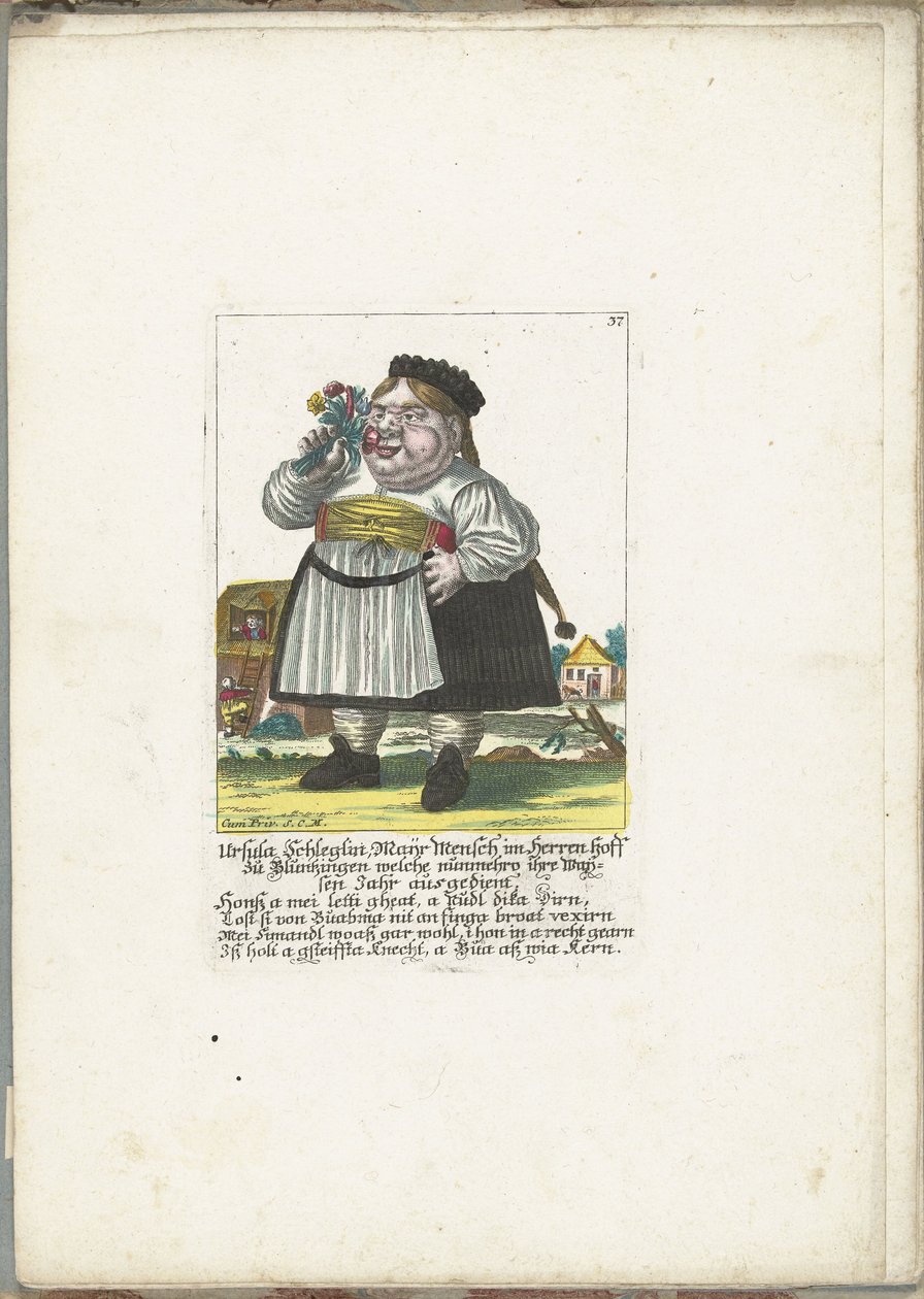 Dom Urszula Schleglin, ok. 1710 Ursula Schleglin, Maijr Mensch im Herren hoff zu Bluntzingen, która odsiedziała już rok zwolnienia (tytuł na przedmiocie) Il Callotto resurcitato lub nowo umeblowana mała szafka (tytuł serii) autorstwa Martin Engelbrecht (attributed to)