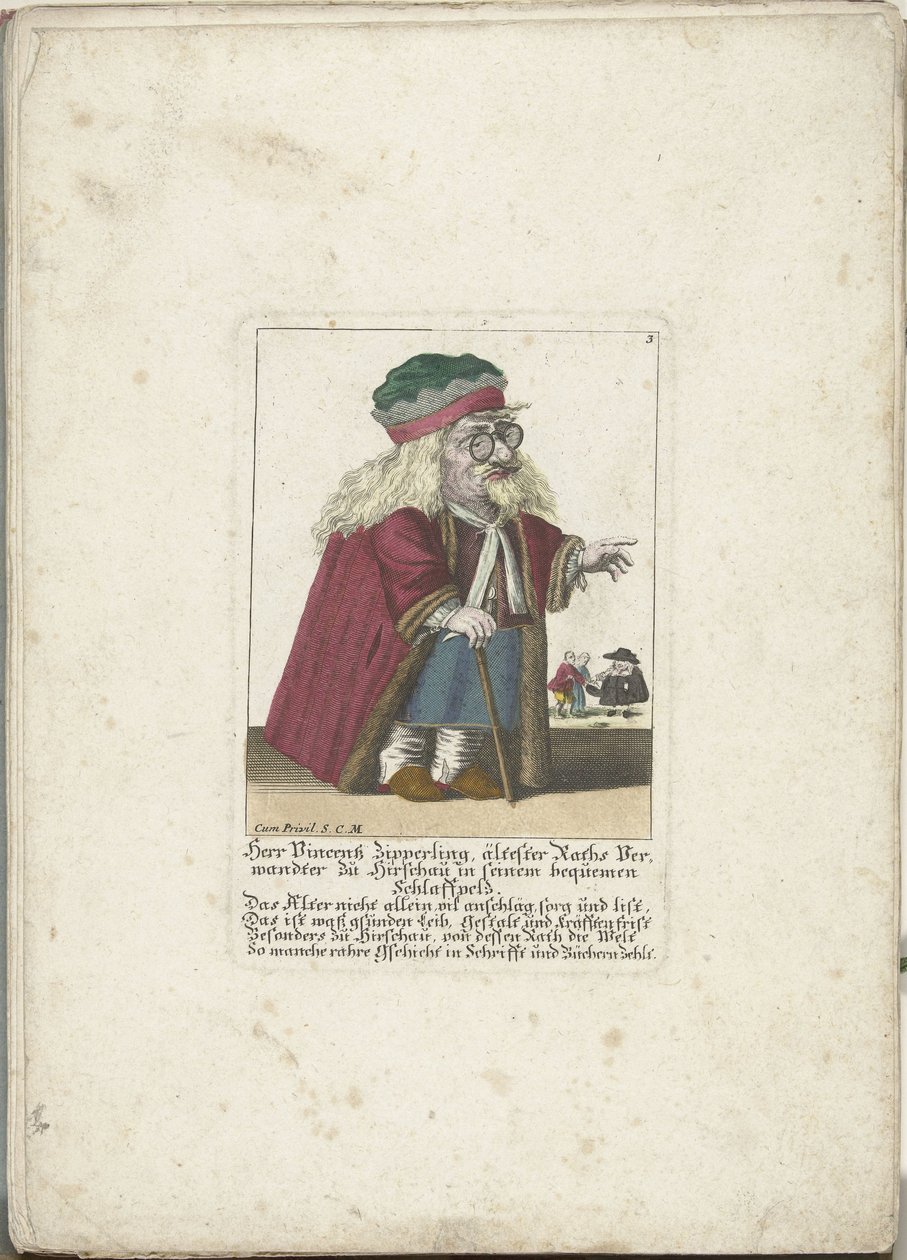 Dwerg Vincentz Zipperling w een bontjas, ok. 1710 Herr Vincentz Zipperling, najstarszy krewny Ratha w Hirschau, w wygodnym luźnym płaszczu (tytuł na obiekcie) Il Callotto resurcitato lub nowo umeblowana mała szafka (tytuł serii) autorstwa Martin Engelbrecht (attributed to)