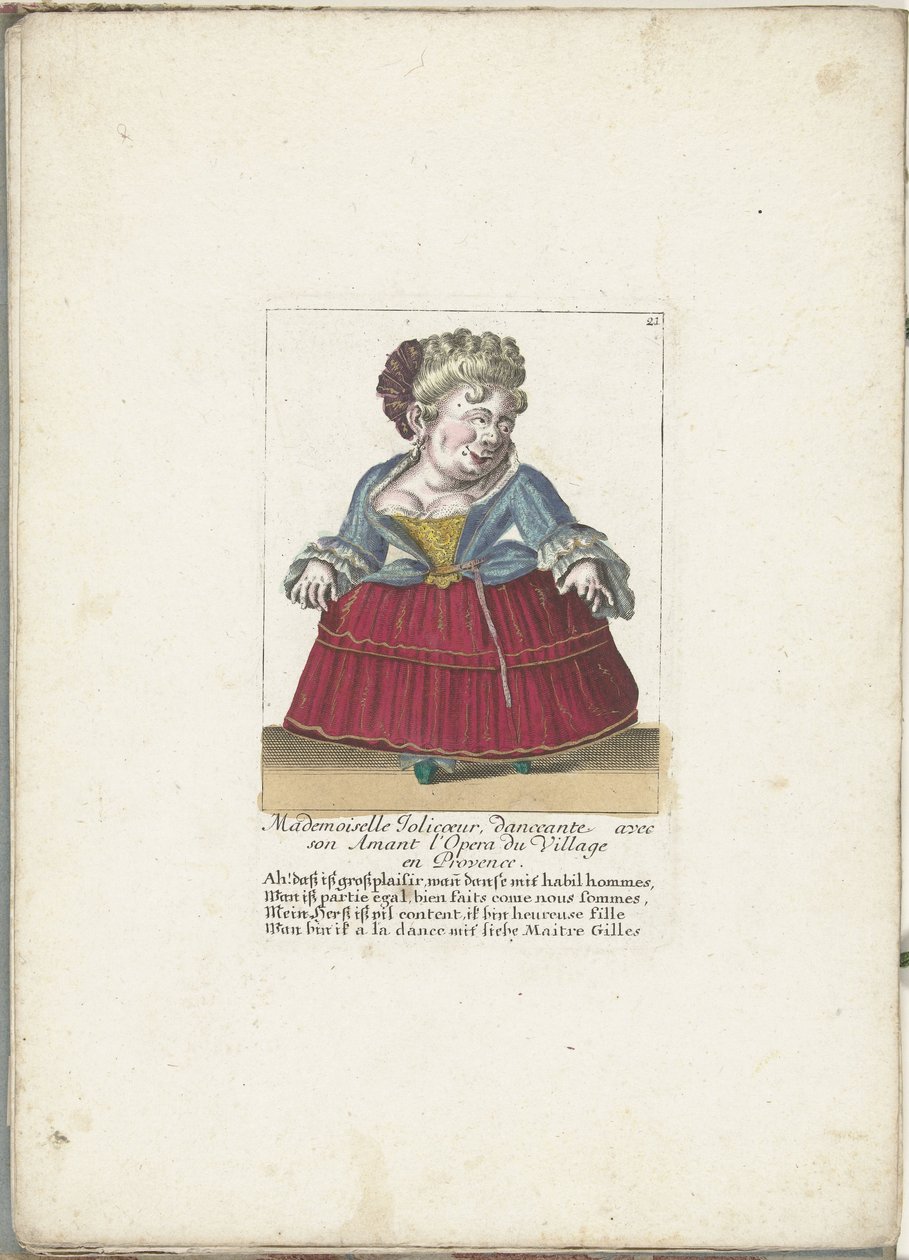 Dwerg als de Franse Mademoiselle Jolicoeur, ca. 1710 Mademoiselle Jolicoeur, tancerka ze swoim Kochankiem w Opera du Village w Prowansji (tytuł na obiekcie) Il Callotto resurcitato oder Neu eingerichtes Zwerchen Gabinet (tytuł serii) autorstwa Martin Engelbrecht (attributed to)