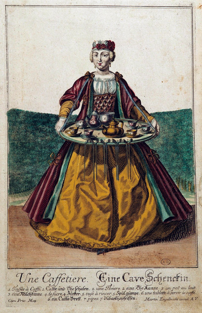 Ekspres do kawy: młoda kobieta niosąca tacę z serwisem kawowym. Grawer Martina Engelbrechta (1684-1756) XVIII wiek. Paryż, Sztuka Dekoracyjna autorstwa Martin Engelbrecht